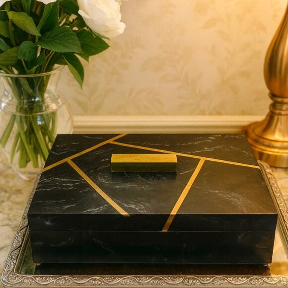 NWT Handmade Elegant Black & Gold Marbled Style Jewelry Box